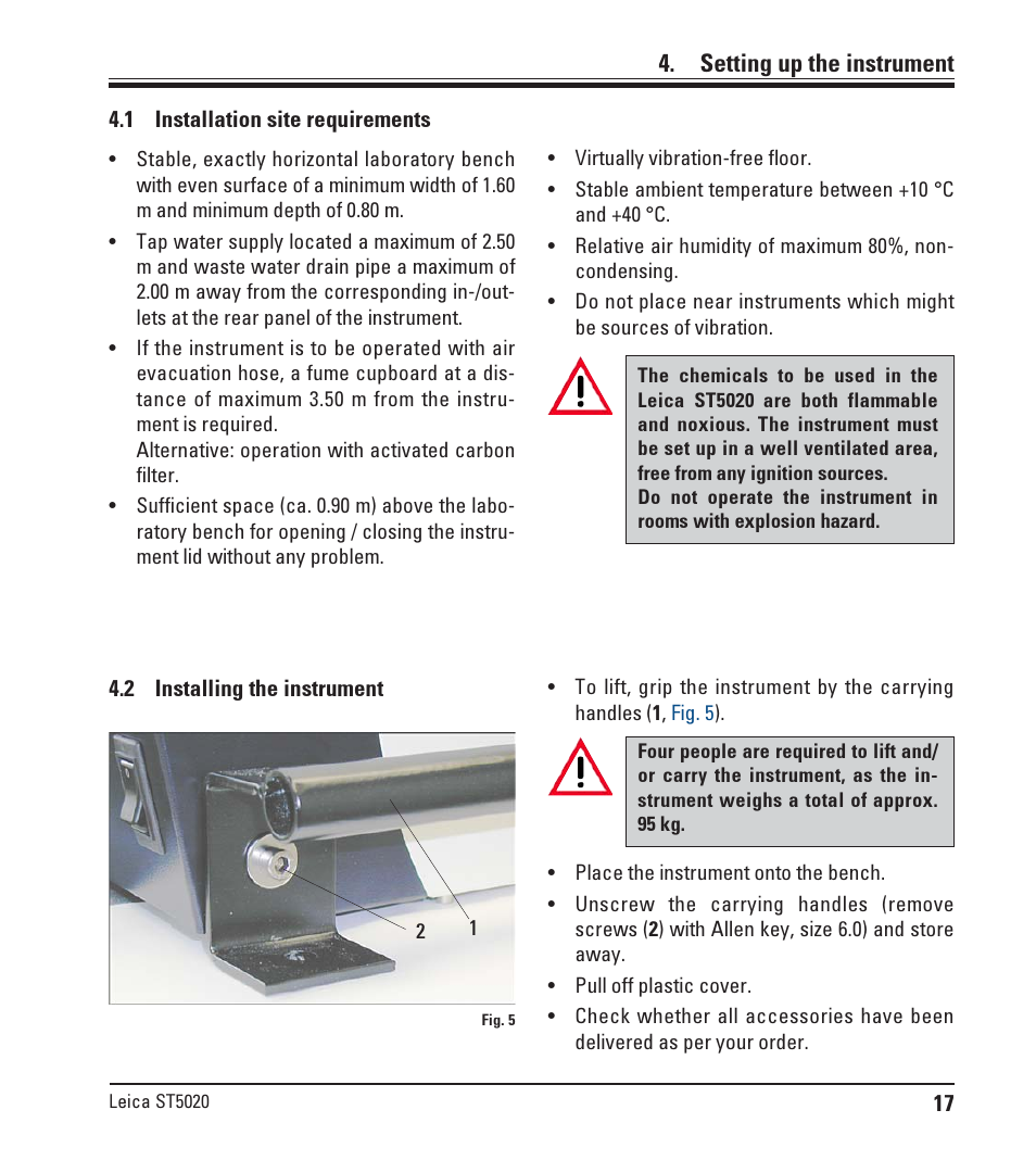 Setting up the instrument, 1 installation site requirements, 2 installing the instrument | Installation site requirements, Installing the instrument | Leica Biosystems ST5020 User Manual | Page 17 / 88