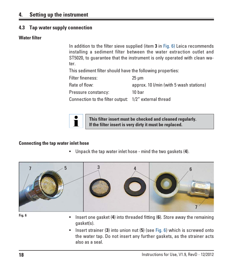 3 tap water supply connection, Tap water supply connection, Setting up the instrument | Leica Biosystems ST5020 User Manual | Page 18 / 88