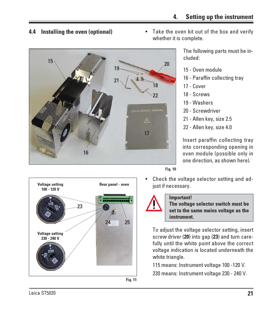 4 installing the oven (optional), Installing the oven (optional), Setting up the instrument | Leica Biosystems ST5020 User Manual | Page 21 / 88