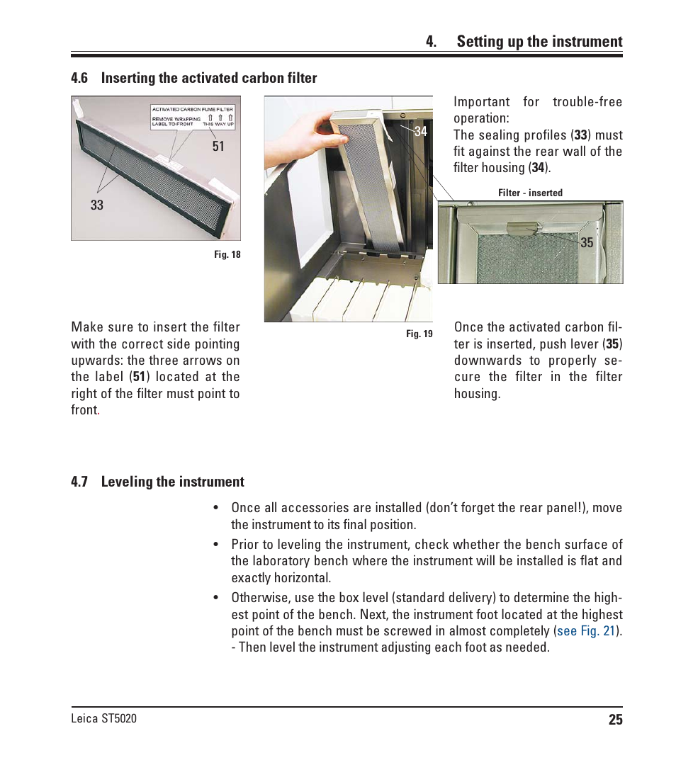 6 inserting the activated carbon filter, 7 leveling the instrument, Inserting the activated carbon filter | Leveling the instrument, Setting up the instrument | Leica Biosystems ST5020 User Manual | Page 25 / 88