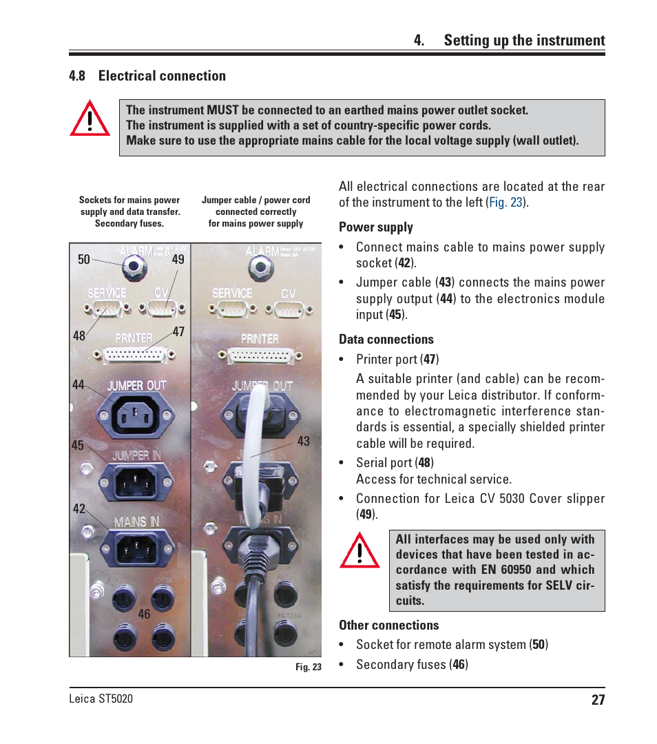 8 electrical connection, Electrical connection, Setting up the instrument | Leica Biosystems ST5020 User Manual | Page 27 / 88