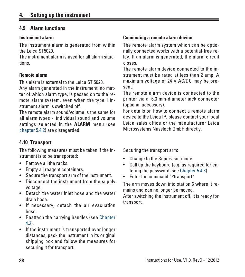9 alarm functions, 10 transport, Alarm functions | Transport, Setting up the instrument | Leica Biosystems ST5020 User Manual | Page 28 / 88
