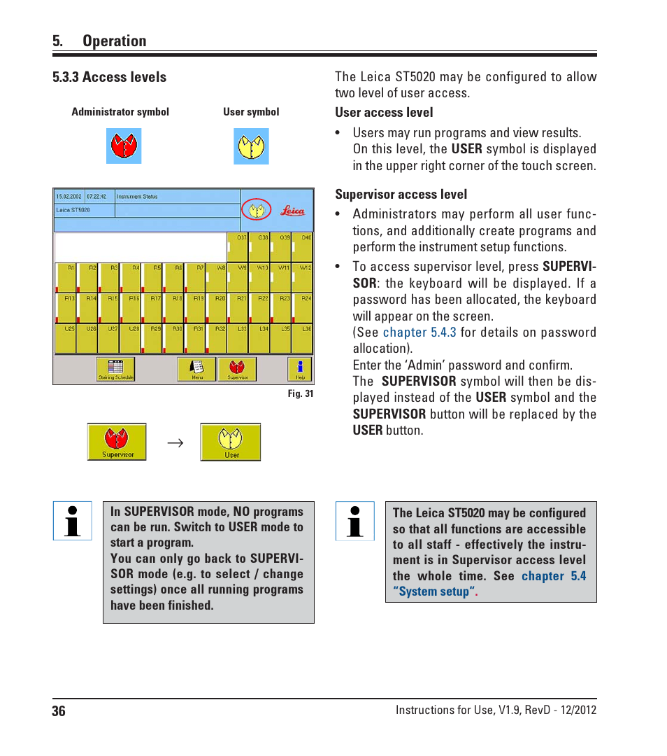 3 access levels, Operation | Leica Biosystems ST5020 User Manual | Page 36 / 88