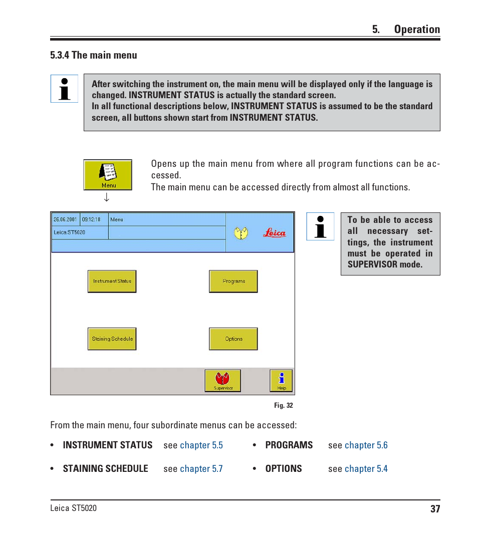 4 the main menu, Operation | Leica Biosystems ST5020 User Manual | Page 37 / 88