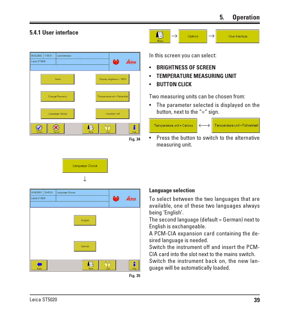 1 user interface, Operation | Leica Biosystems ST5020 User Manual | Page 39 / 88