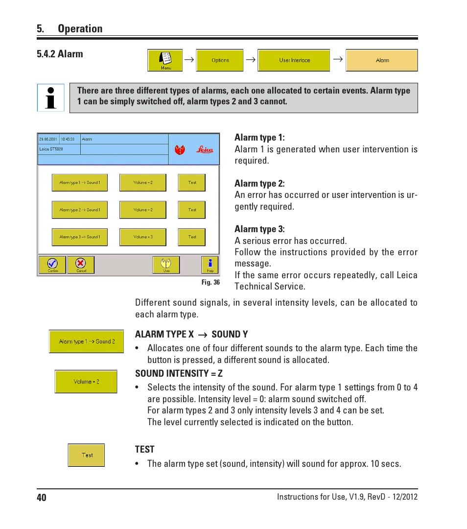 2 alarm, Operation | Leica Biosystems ST5020 User Manual | Page 40 / 88