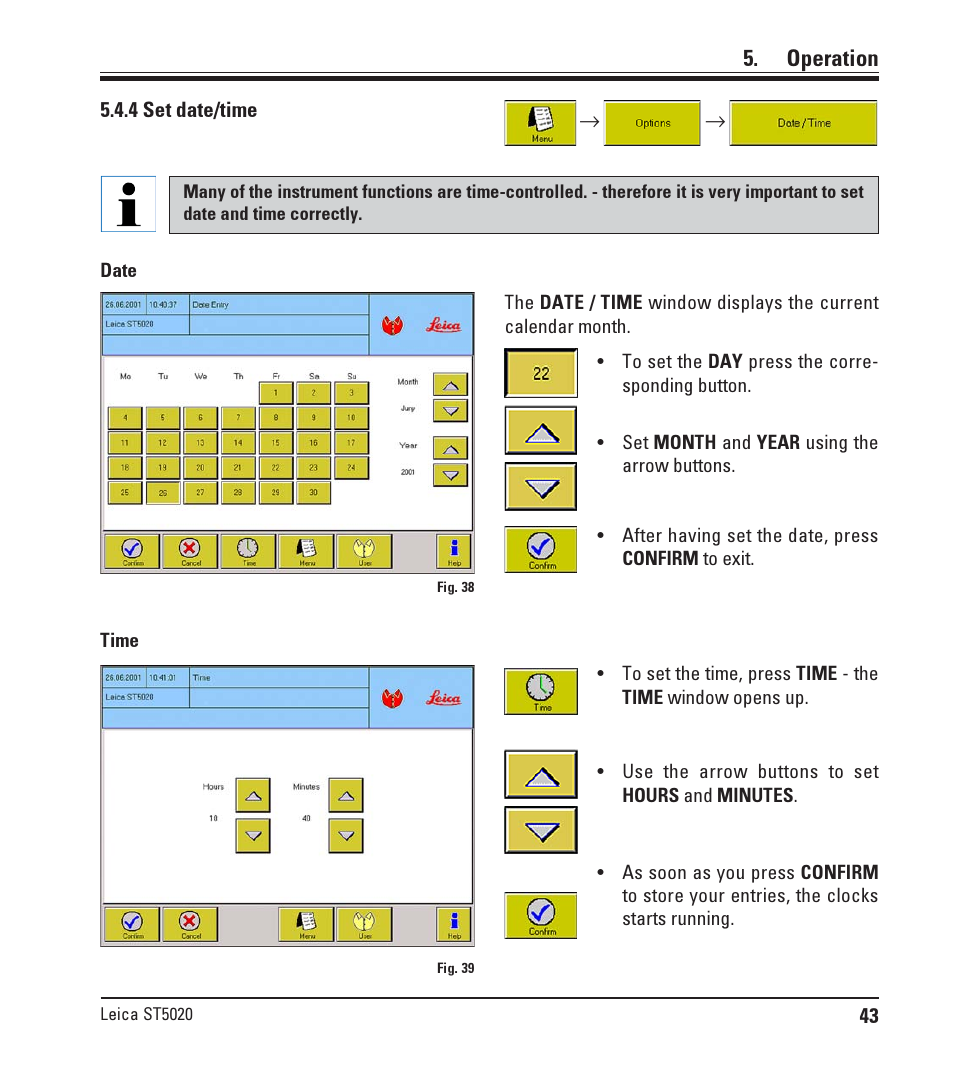4 set date/time, Set date/time, Operation | Leica Biosystems ST5020 User Manual | Page 43 / 88