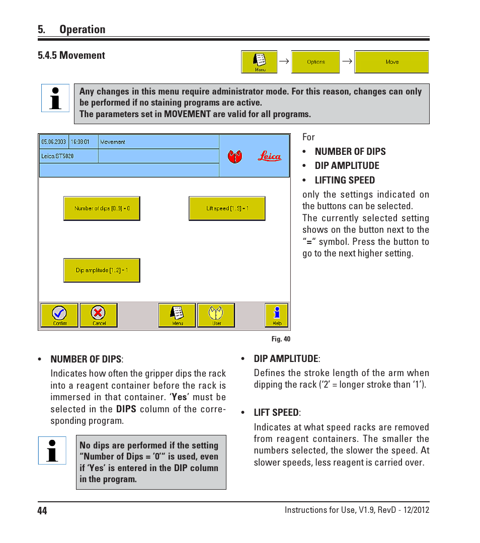 5 movement, Operation | Leica Biosystems ST5020 User Manual | Page 44 / 88