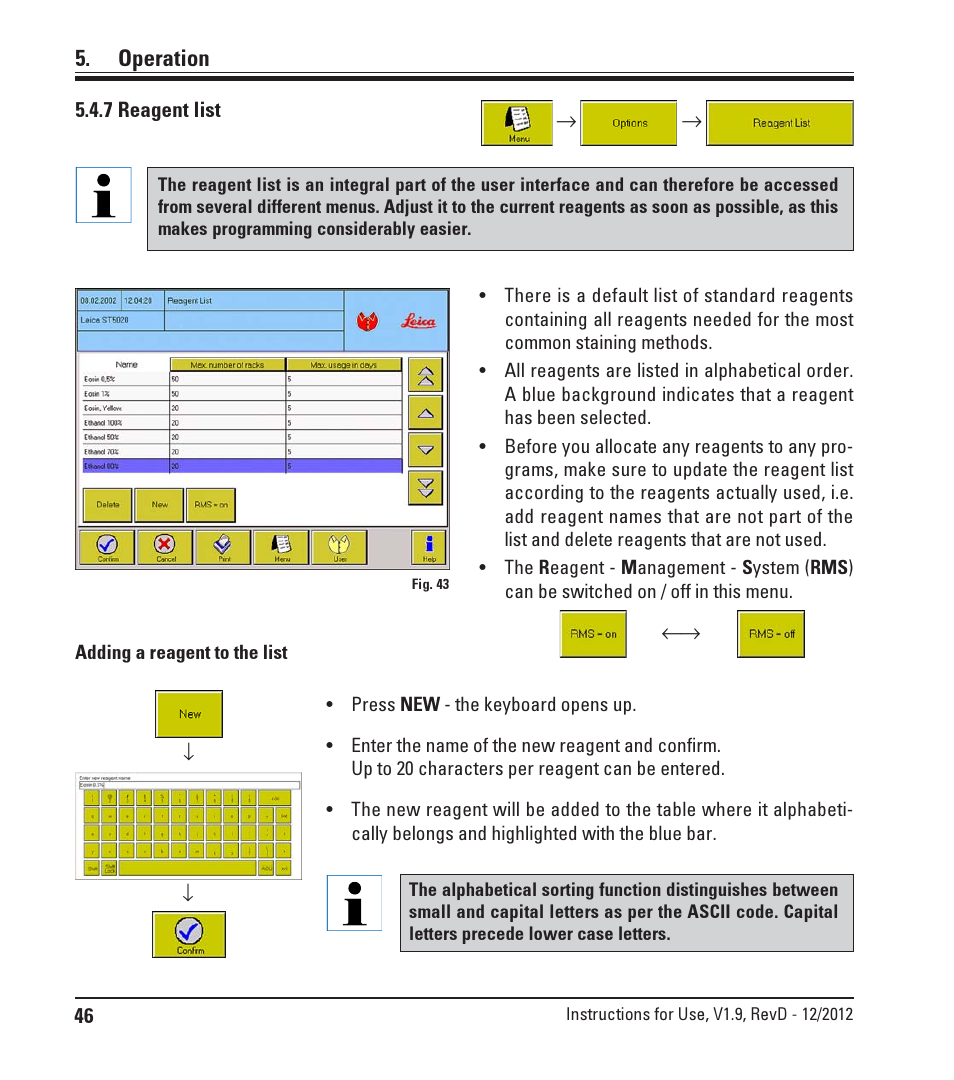 7 reagent list, Reagent list, Operation | Leica Biosystems ST5020 User Manual | Page 46 / 88