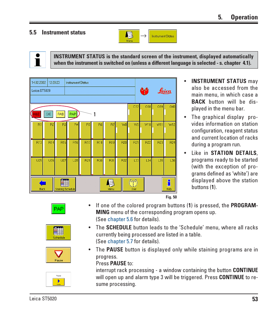 5 instrument status, Instrument status, Operation | Leica Biosystems ST5020 User Manual | Page 53 / 88