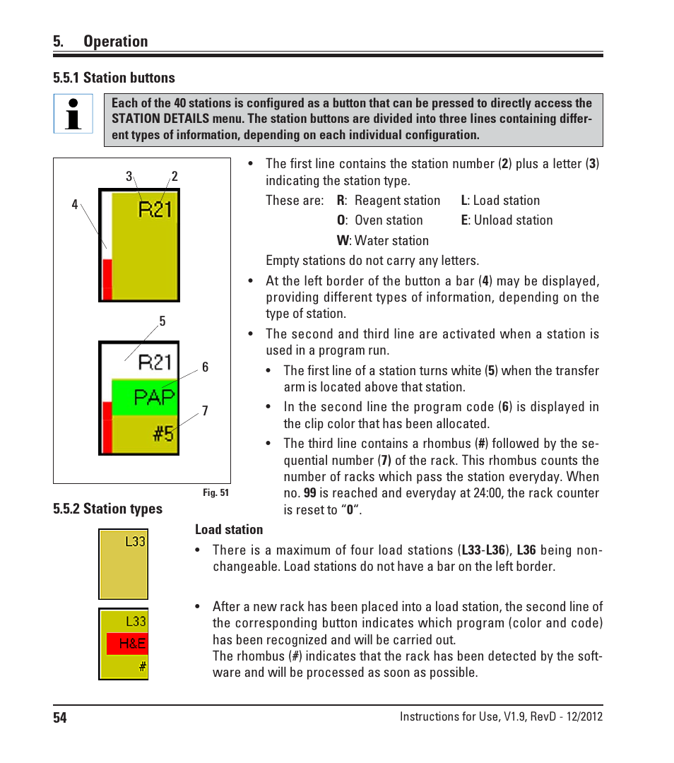 1 station buttons, 2 station types, Station buttons | Station types, Operation | Leica Biosystems ST5020 User Manual | Page 54 / 88