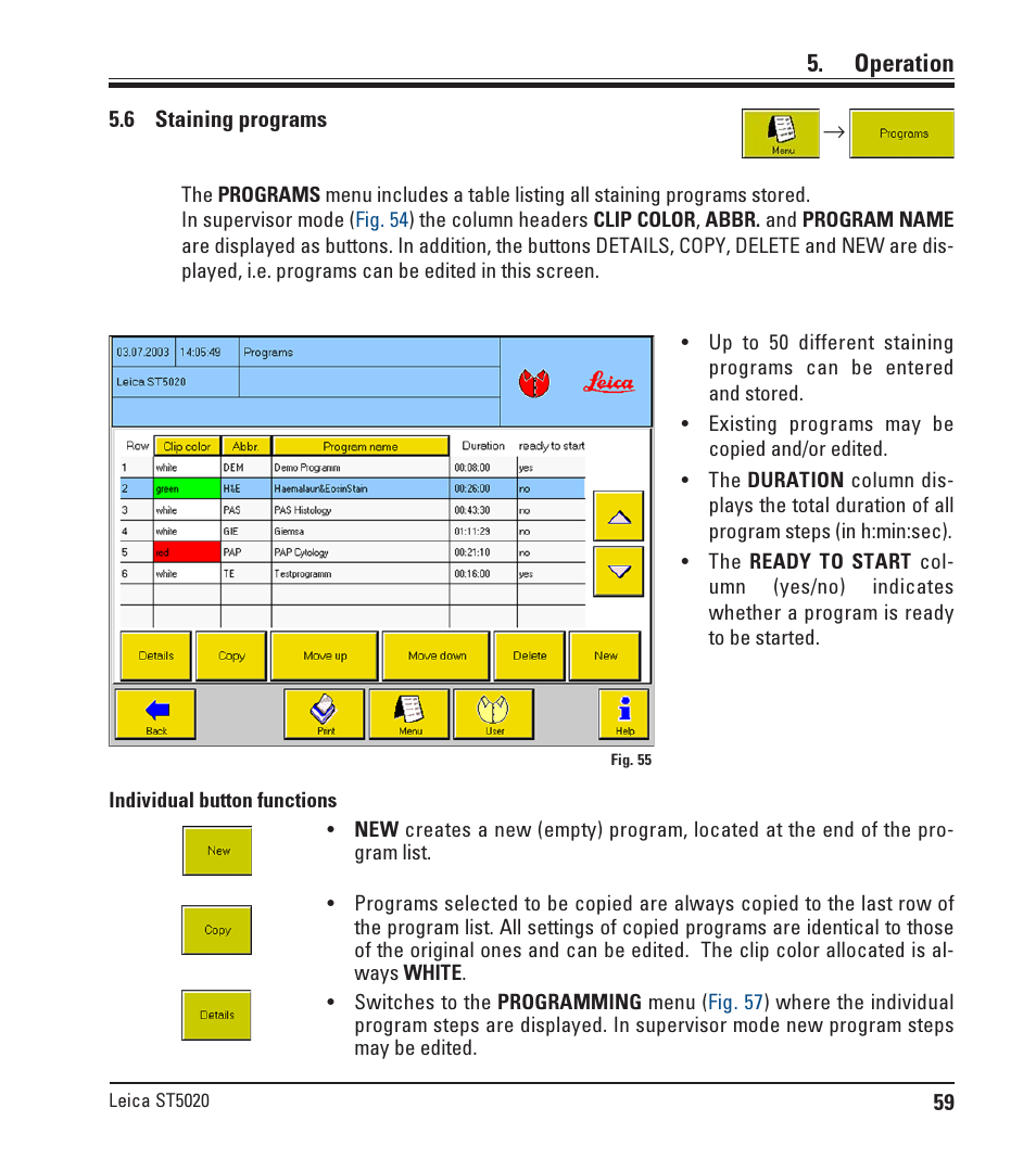 6 staining programs, Staining programs, Operation | Leica Biosystems ST5020 User Manual | Page 59 / 88