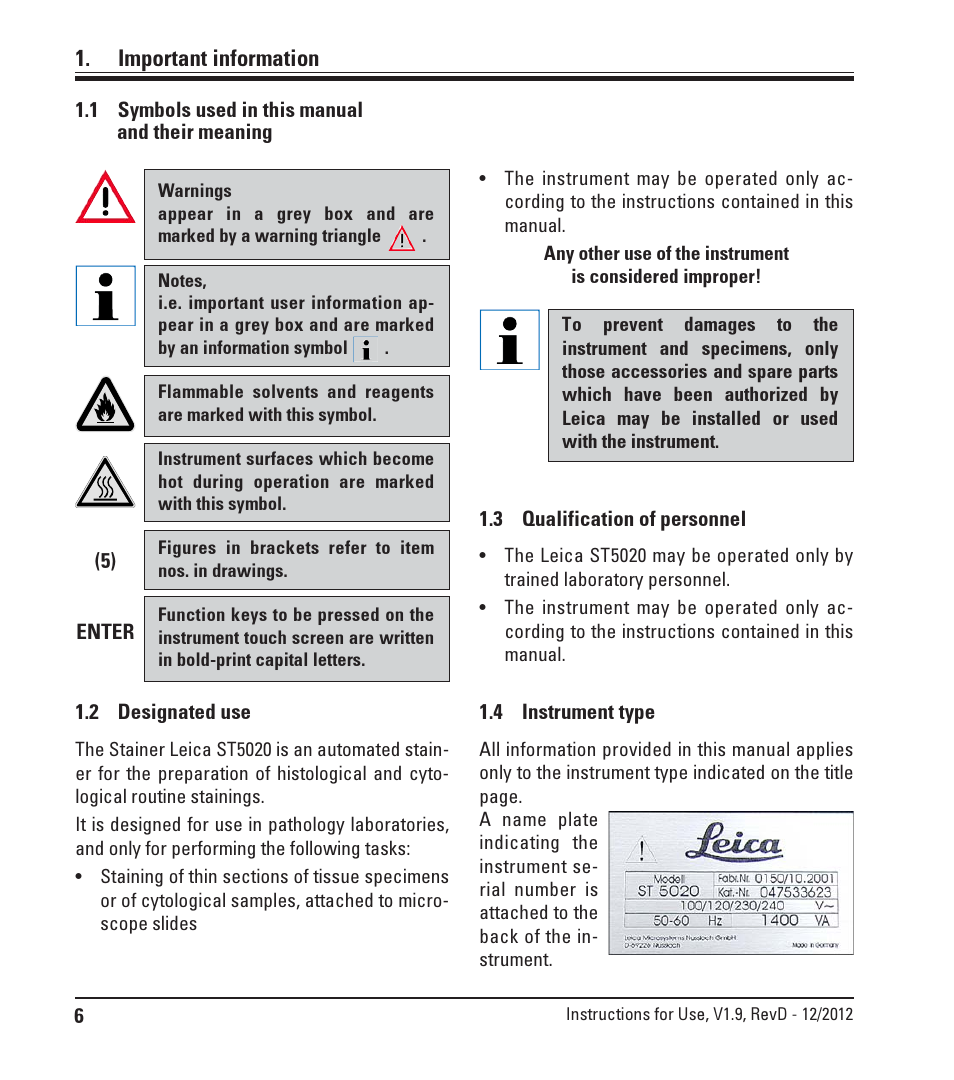 Important information, 1 symbols used in this manual, 2 designated use | 3 qualification of personnel, 4 instrument type, Symbols used in this manual, Designated use, Qualification of personnel, Instrument type | Leica Biosystems ST5020 User Manual | Page 6 / 88