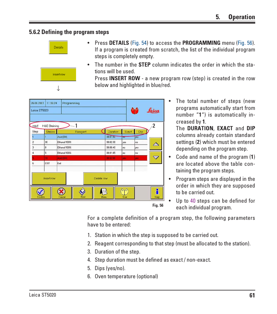2 defining the program steps, Defining the program steps, Operation | Leica Biosystems ST5020 User Manual | Page 61 / 88