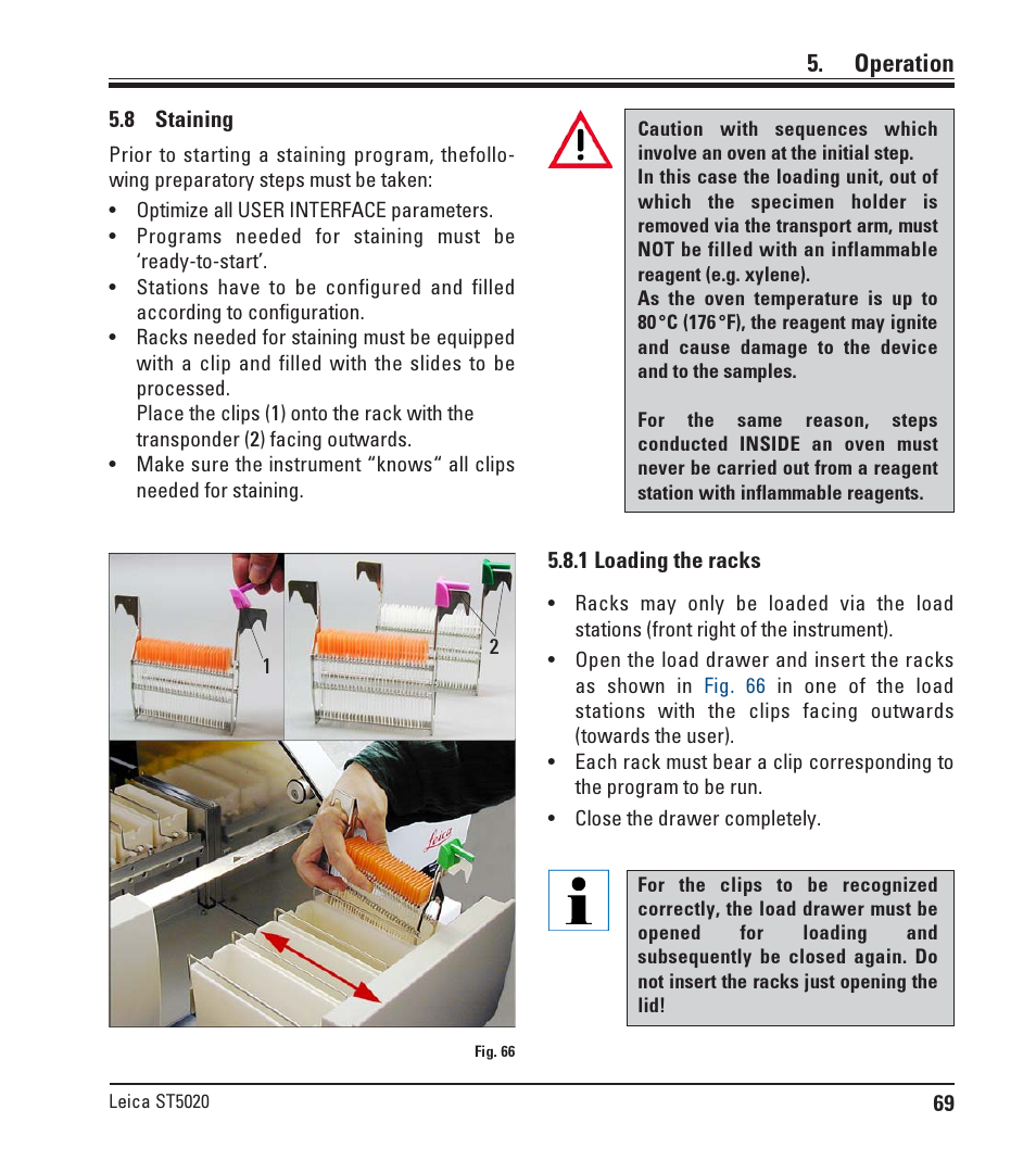 8 staining, 1 loading the racks, Staining | Loading the racks, Operation | Leica Biosystems ST5020 User Manual | Page 69 / 88
