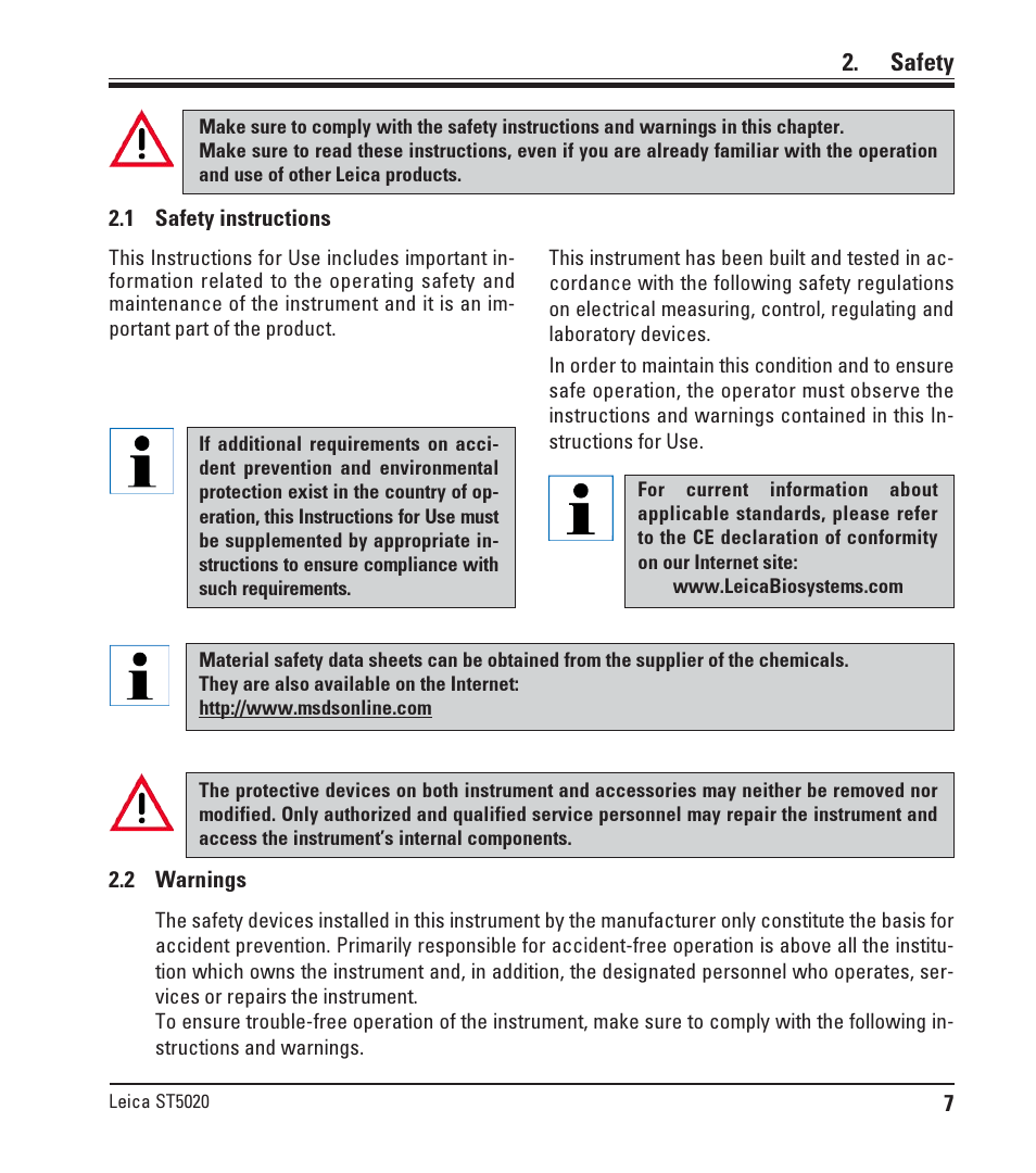 Safety, 1 safety instructions, 2 warnings | Safety instructions, Warnings | Leica Biosystems ST5020 User Manual | Page 7 / 88