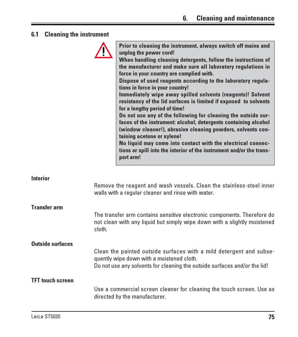 Cleaning and maintenance, 1 cleaning the instrument, Cleaning the instrument | Leica Biosystems ST5020 User Manual | Page 75 / 88