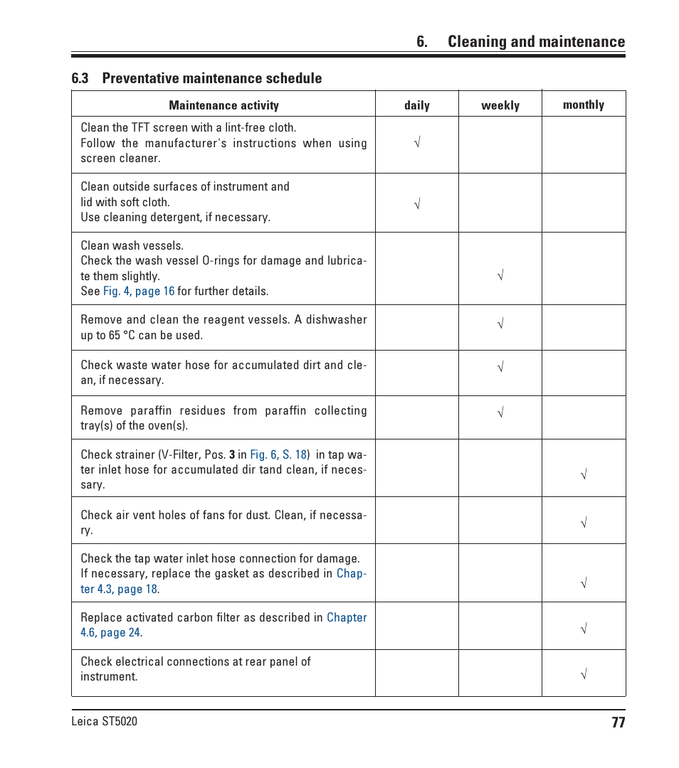 3 preventative maintenance schedule, Preventative maintenance schedule, Cleaning and maintenance | Leica Biosystems ST5020 User Manual | Page 77 / 88