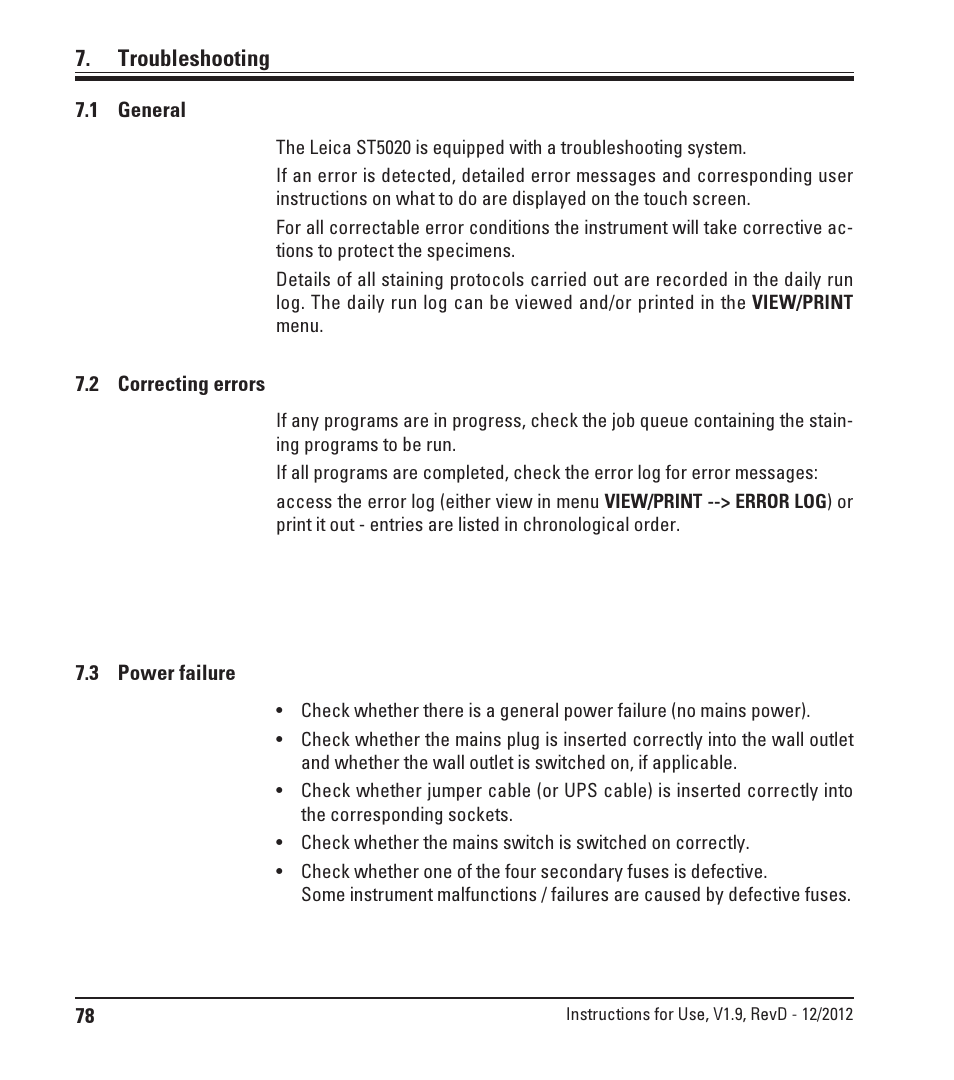 Troubleshooting, 1 general, 2 correcting errors | 3 power failure, General, Correcting errors, Power failure | Leica Biosystems ST5020 User Manual | Page 78 / 88