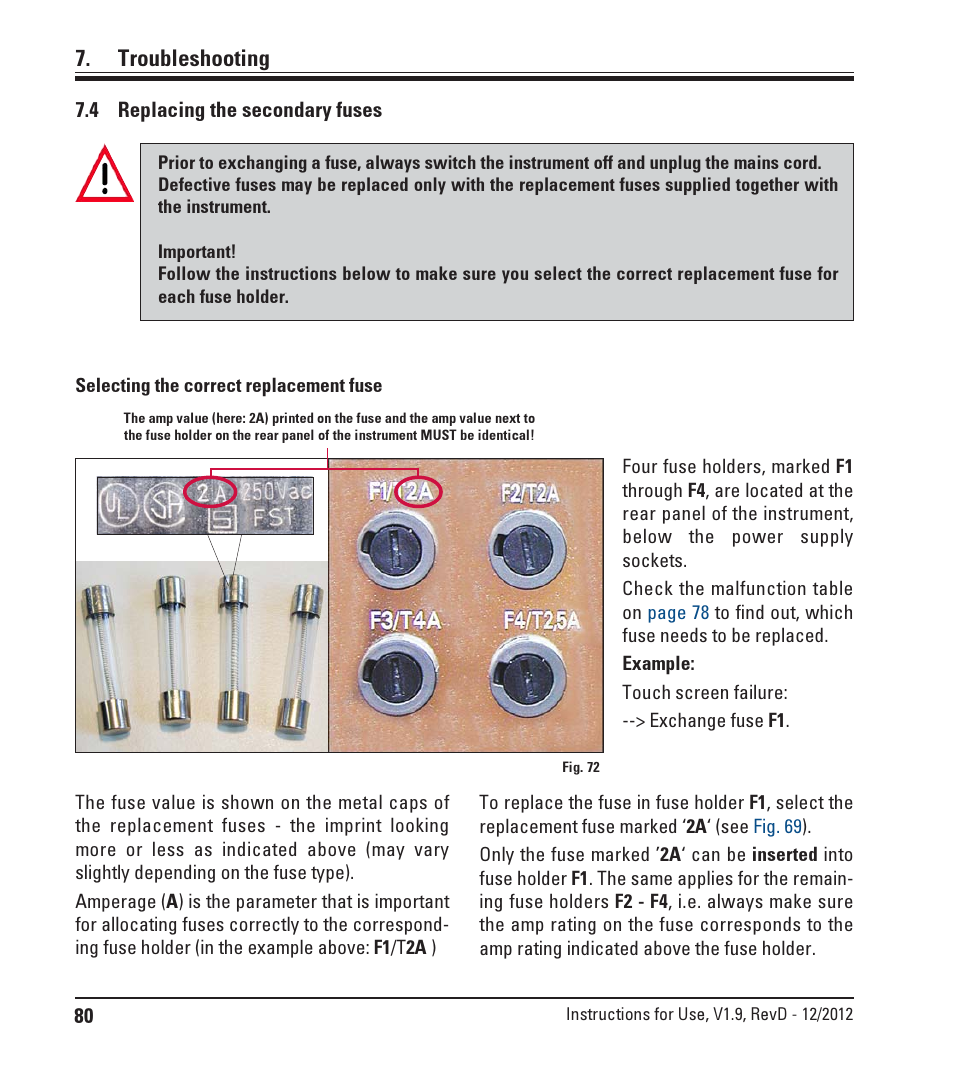 4 replacing the secondary fuses, Replacing the secondary fuses, Troubleshooting | Leica Biosystems ST5020 User Manual | Page 80 / 88