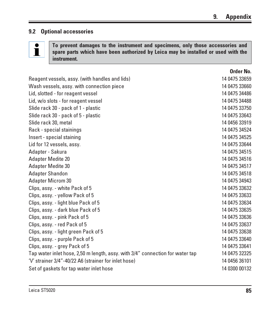 2 optional accessories, Optional accessories, Appendix | Leica Biosystems ST5020 User Manual | Page 85 / 88