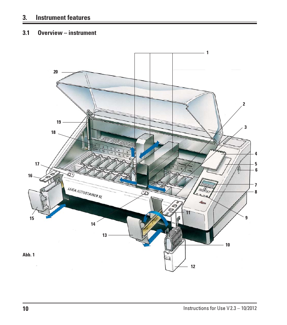 1 overview - instrument, Overview – instrument, Instrument features | 1 overview – instrument | Leica Biosystems ST5010 Autostainer XL User Manual | Page 10 / 50