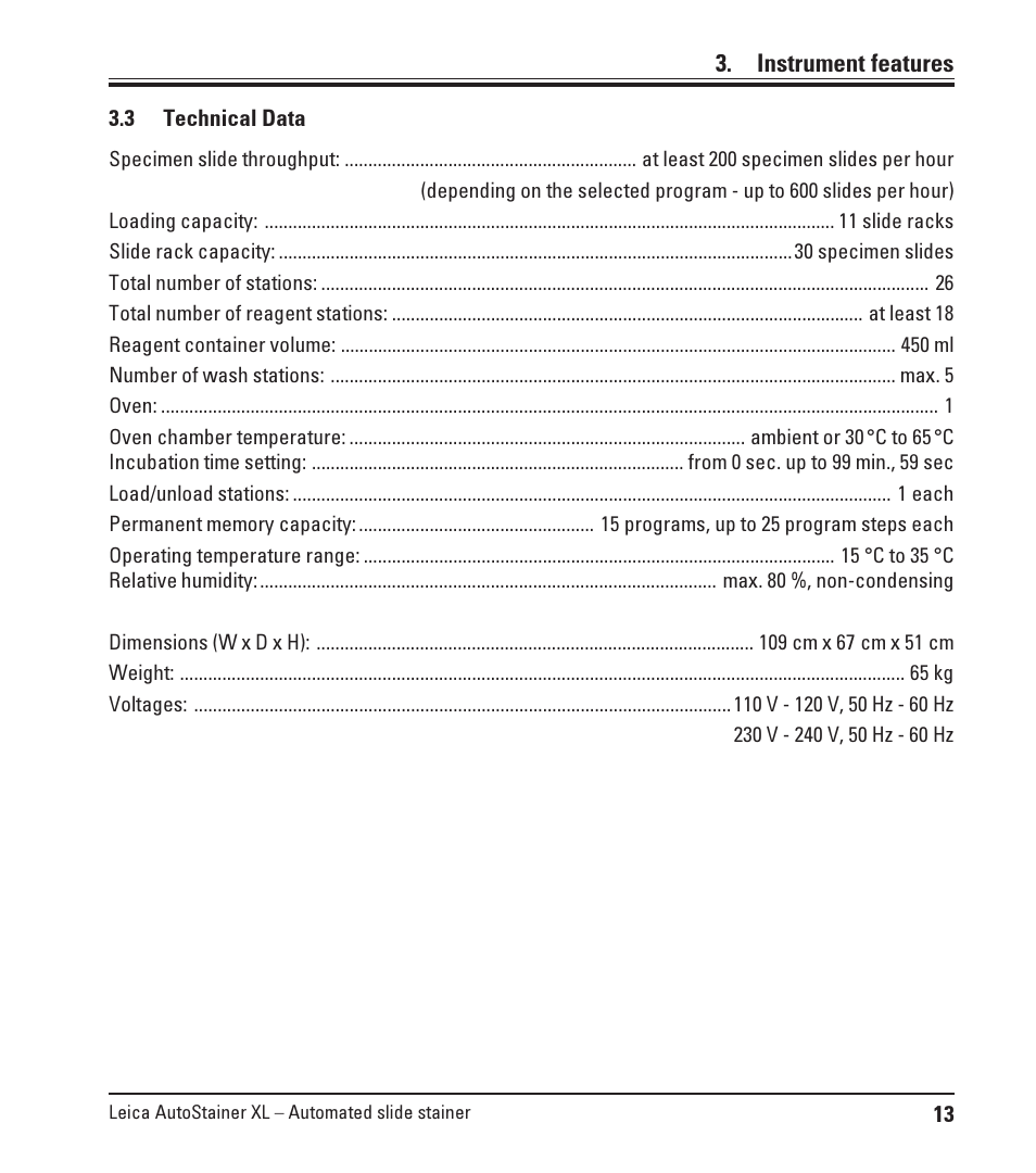 3 technical data, Technical data, Instrument features | Leica Biosystems ST5010 Autostainer XL User Manual | Page 13 / 50