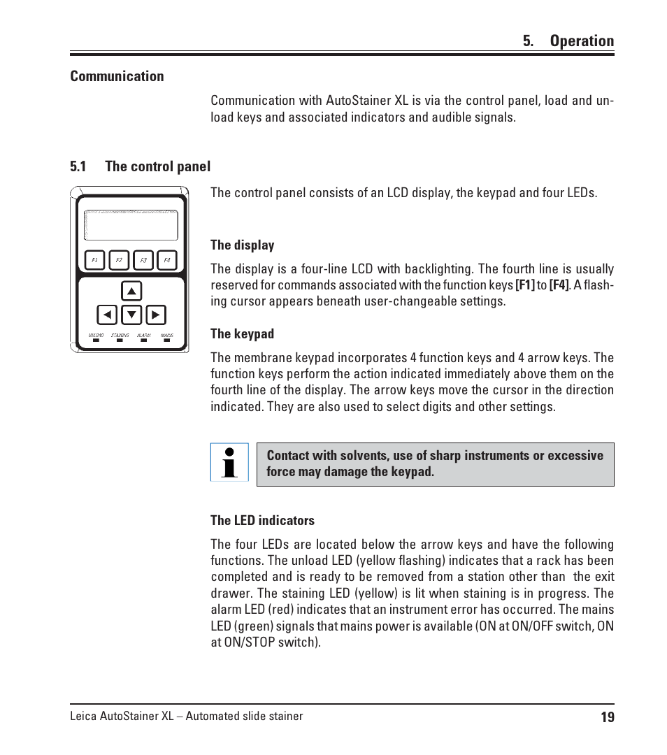 1 the control panel, The control panel | Leica Biosystems ST5010 Autostainer XL User Manual | Page 19 / 50