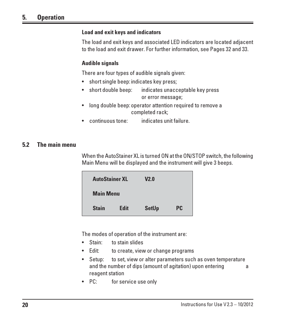 2 the main menu, The main menu, Operation | Leica Biosystems ST5010 Autostainer XL User Manual | Page 20 / 50