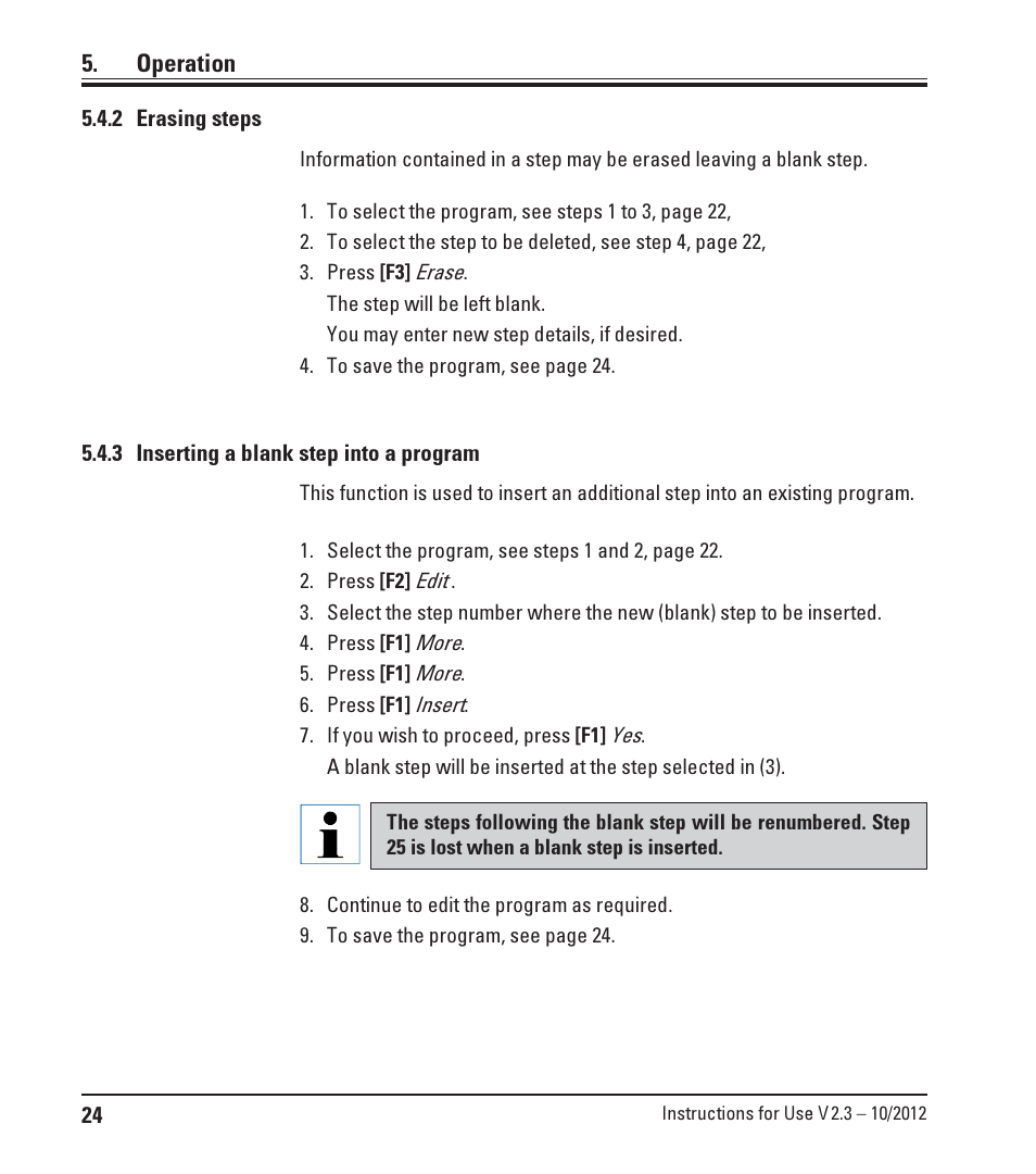 2 erasing steps, 3 inserting a blank step into a program, Operation | Leica Biosystems ST5010 Autostainer XL User Manual | Page 24 / 50