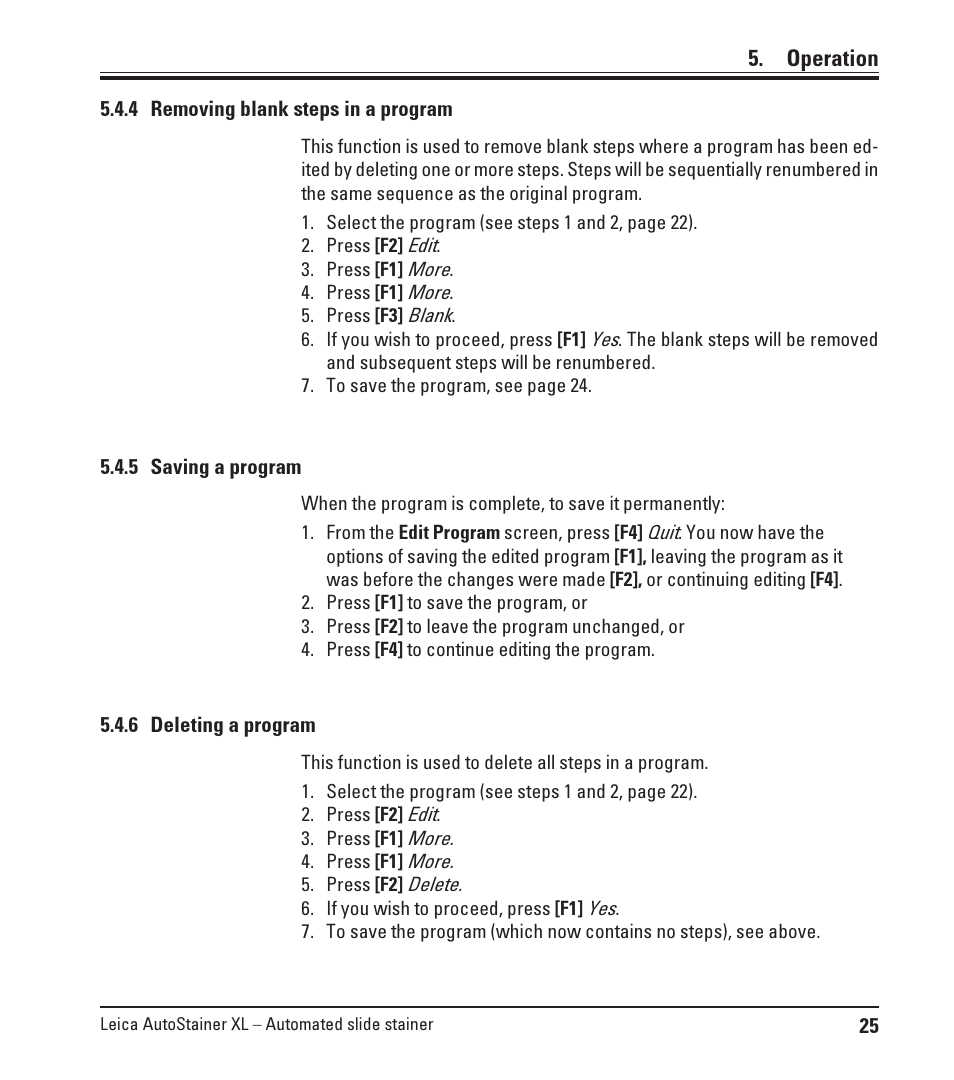 4 removing blank steps in a program, 5 saving a program, 6 deleting a program | Leica Biosystems ST5010 Autostainer XL User Manual | Page 25 / 50