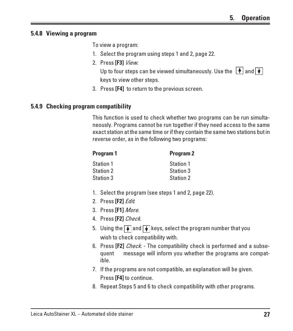 8 viewing a program, 9 checking program compatibility, Operation | Leica Biosystems ST5010 Autostainer XL User Manual | Page 27 / 50