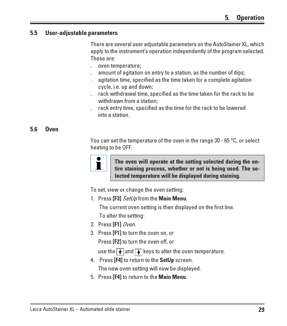 6 oven, Oven, Operation | Leica Biosystems ST5010 Autostainer XL User Manual | Page 29 / 50