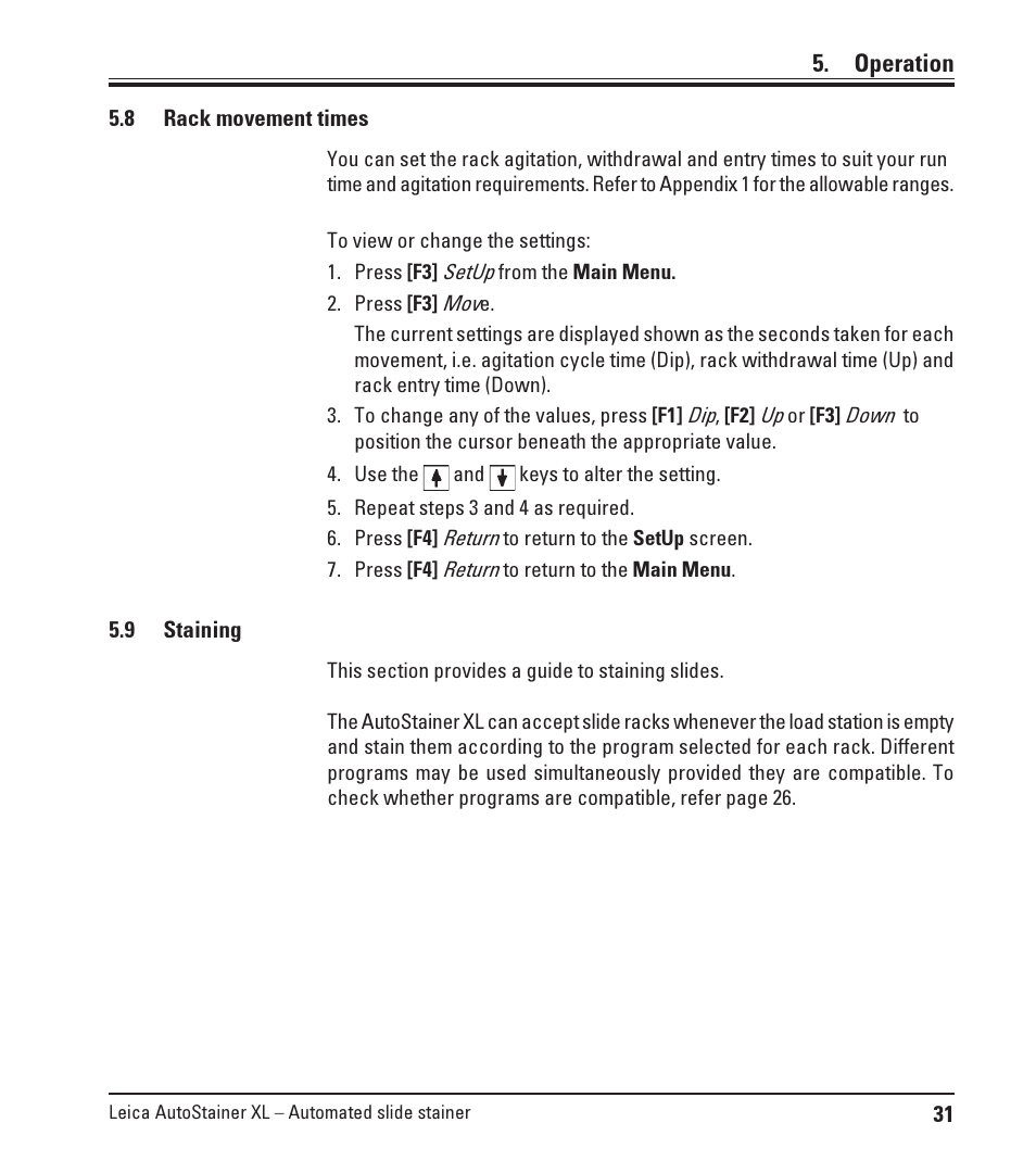 8 rack movement times, 9 staining, Rack movement times | Staining | Leica Biosystems ST5010 Autostainer XL User Manual | Page 31 / 50