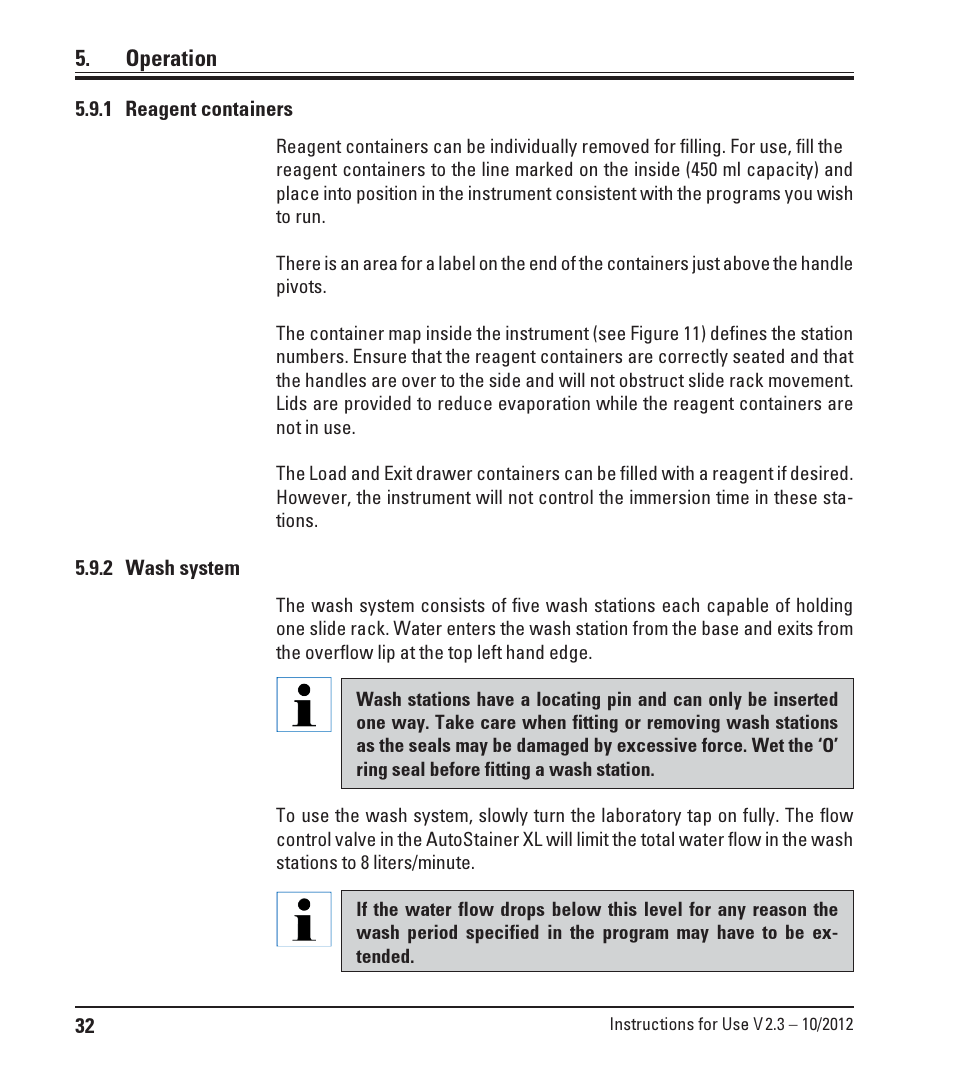 1 reagent containers, 2 wash system, 1 reagent containers 5.9.2 wash system | Leica Biosystems ST5010 Autostainer XL User Manual | Page 32 / 50