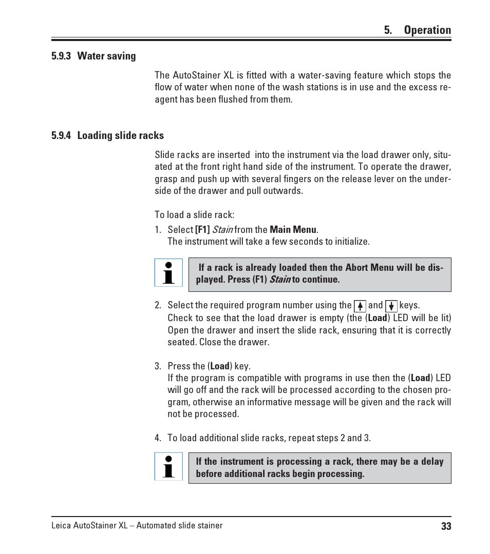 3 water saving, 4 loading slide racks, 3 water saving 5.9.4 loading slide racks | Leica Biosystems ST5010 Autostainer XL User Manual | Page 33 / 50