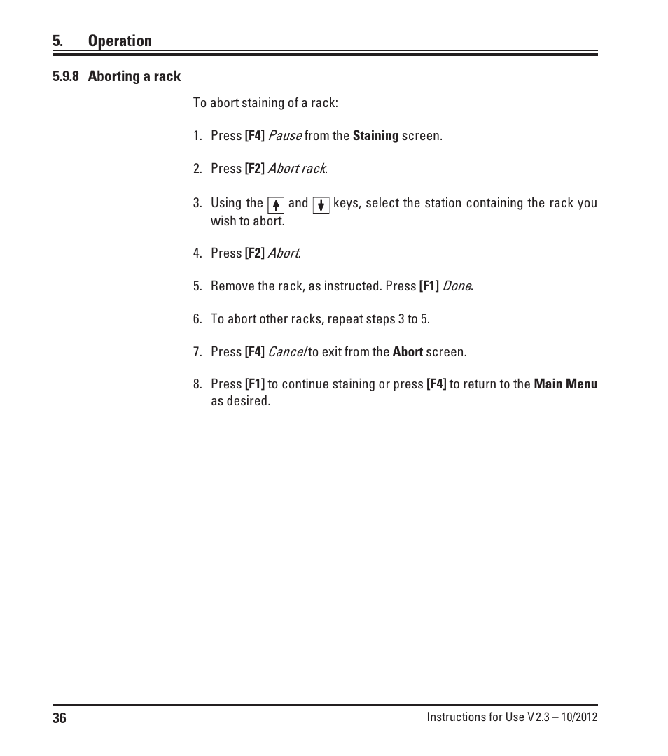 8 aborting a rack | Leica Biosystems ST5010 Autostainer XL User Manual | Page 36 / 50