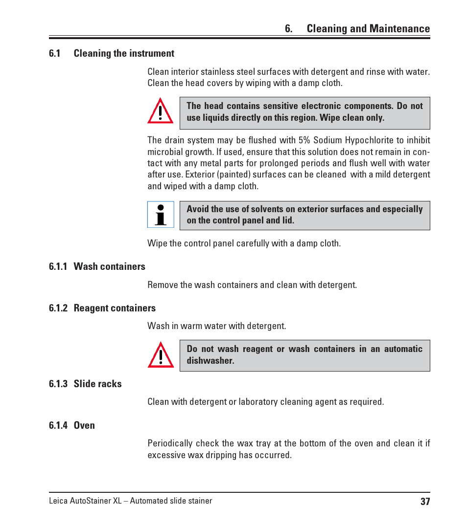 Cleaning and maintenance, 1 cleaning the instrument, 1 wash containers | 2 reagent containers, 3 slide racks, 4 oven, Cleaning the instrument | Leica Biosystems ST5010 Autostainer XL User Manual | Page 37 / 50