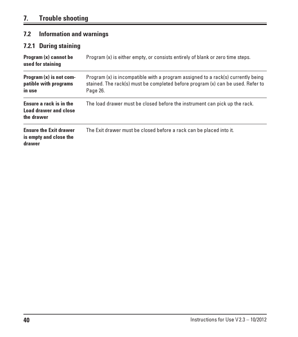 2 information and warnings, 1 during staining, Information and warnings | Trouble shooting | Leica Biosystems ST5010 Autostainer XL User Manual | Page 40 / 50