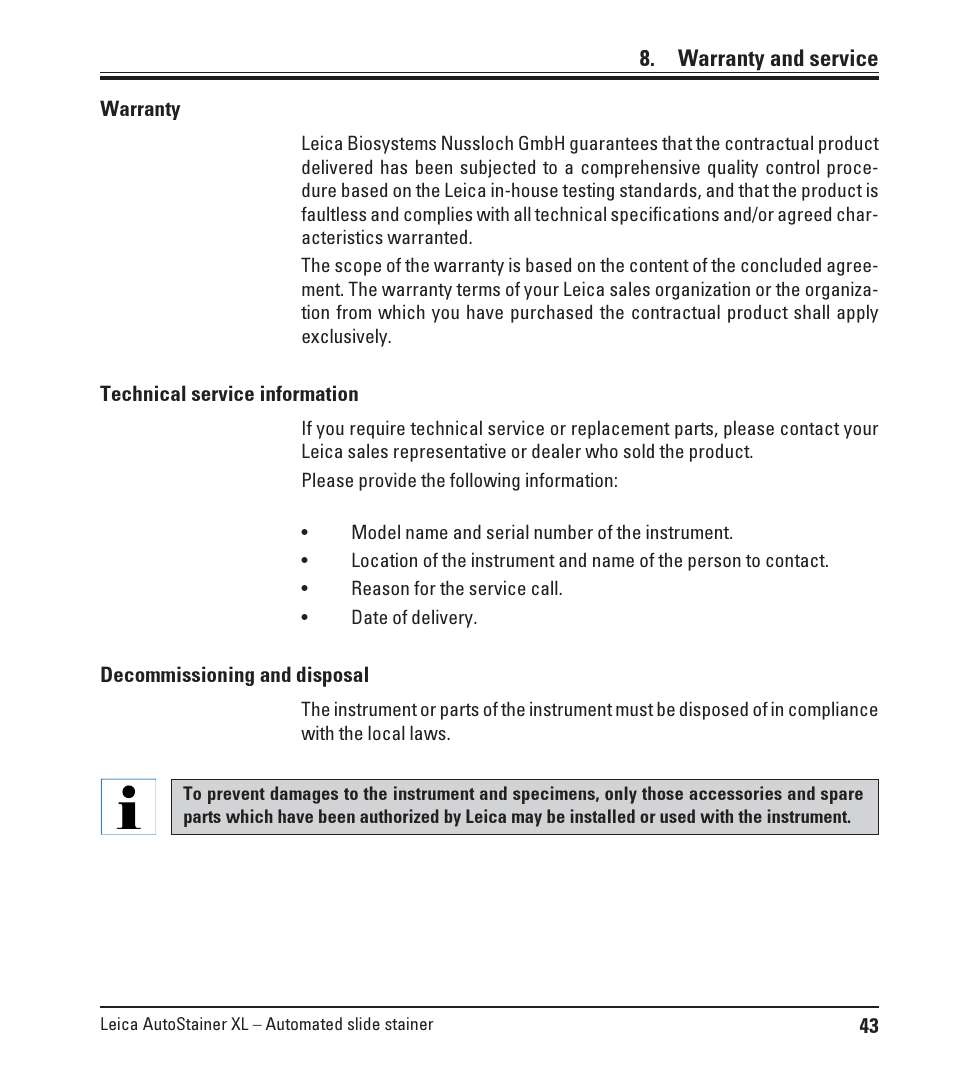 Warranty and service | Leica Biosystems ST5010 Autostainer XL User Manual | Page 43 / 50