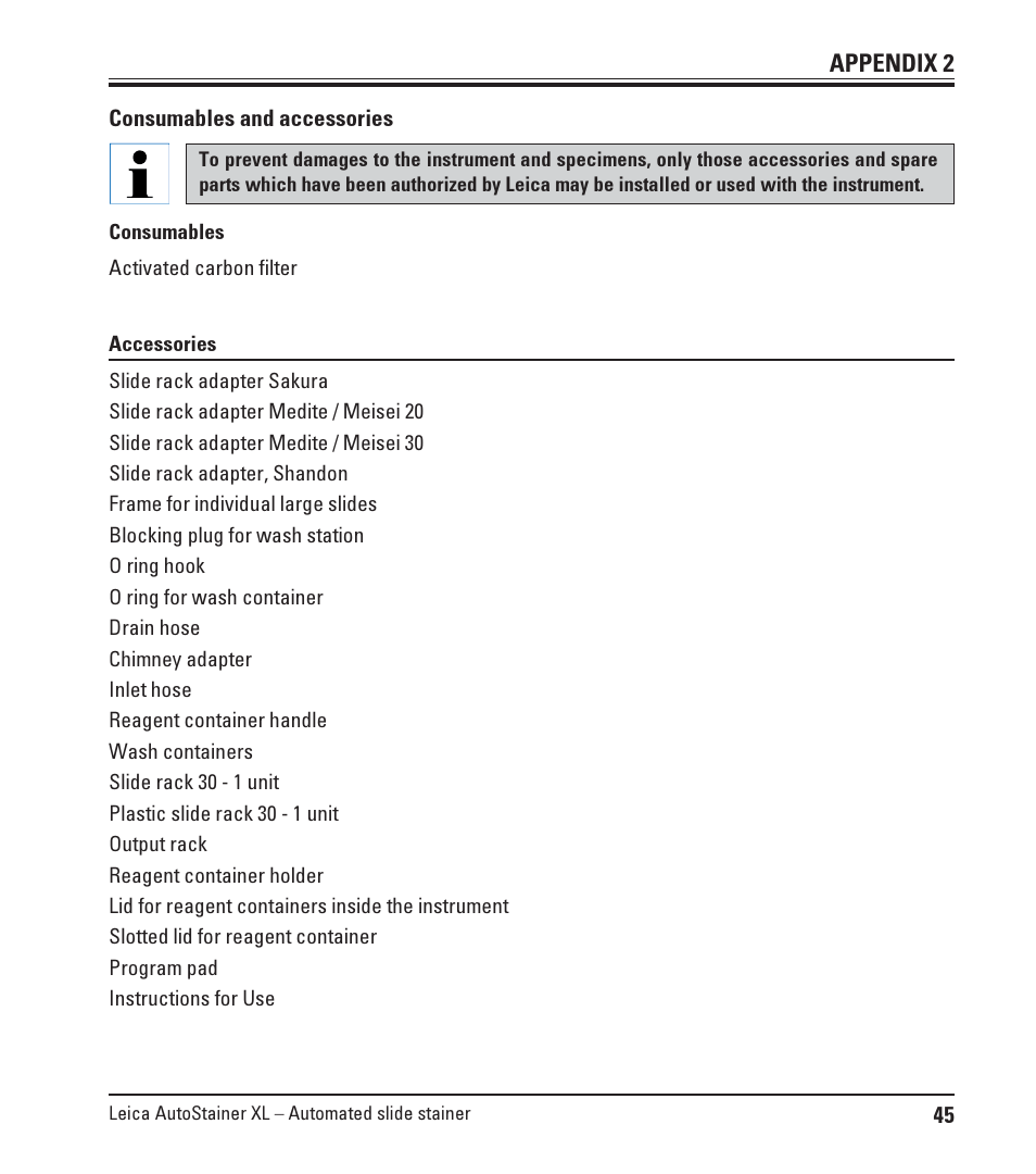 Appendix 2, Consumables and accessories | Leica Biosystems ST5010 Autostainer XL User Manual | Page 45 / 50