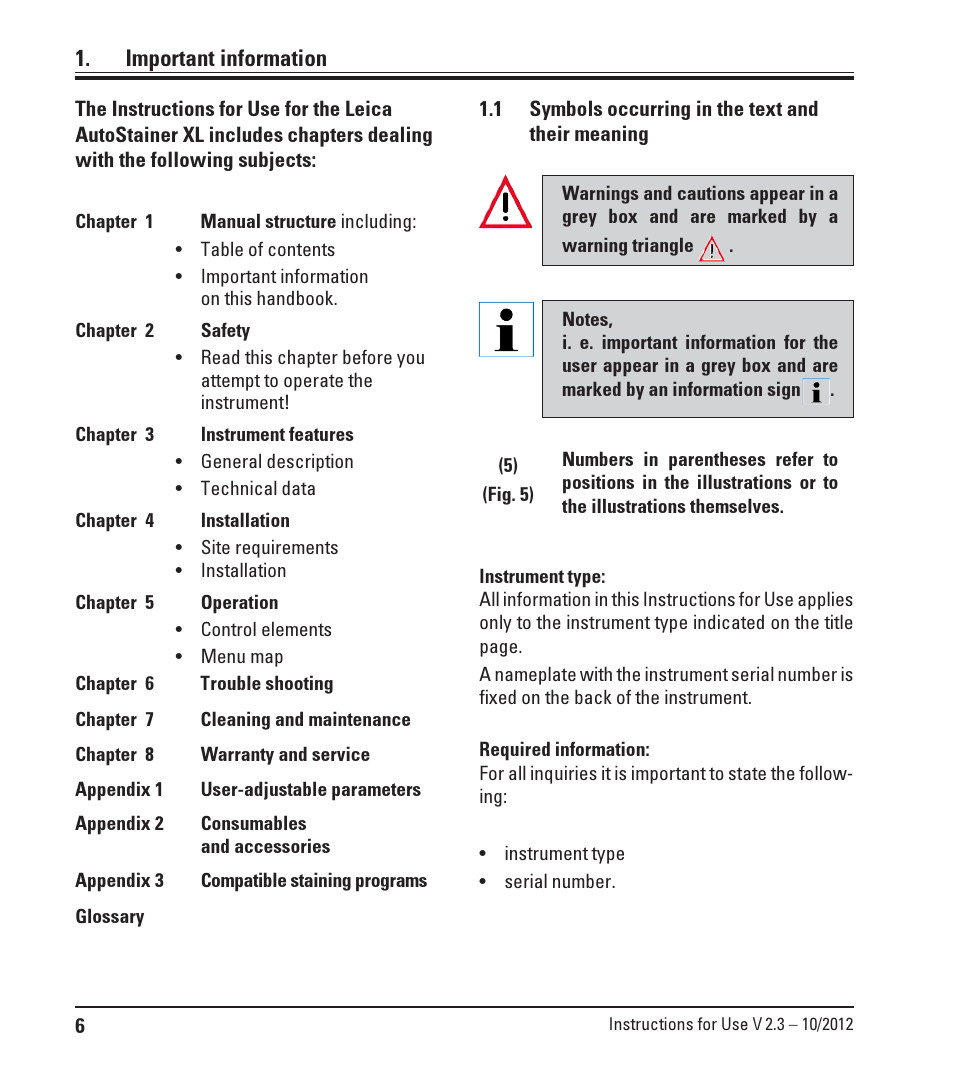 Important information, 1 symbols occurring in the text and, Symbols occurring in the text and | Leica Biosystems ST5010 Autostainer XL User Manual | Page 6 / 50