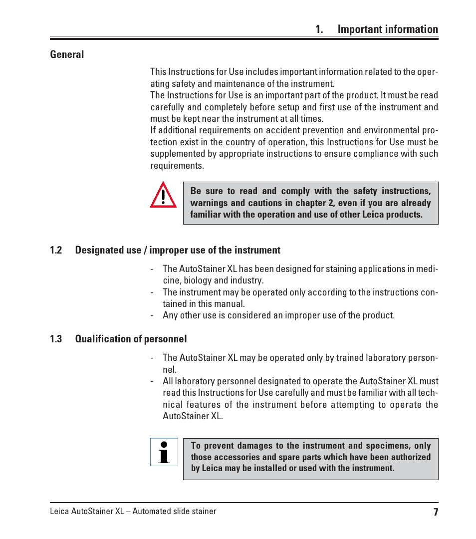 2 designated use / improper use of the instrument, 3 qualification of personnel, Designated use / improper use of the instrument | Qualification of personnel | Leica Biosystems ST5010 Autostainer XL User Manual | Page 7 / 50