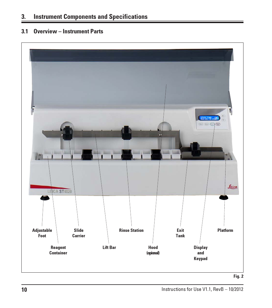Instrument components and specifications, 1 overview - instrument parts, Overview – instrument parts | 1 overview – instrument parts | Leica Biosystems ST4020 User Manual | Page 10 / 51