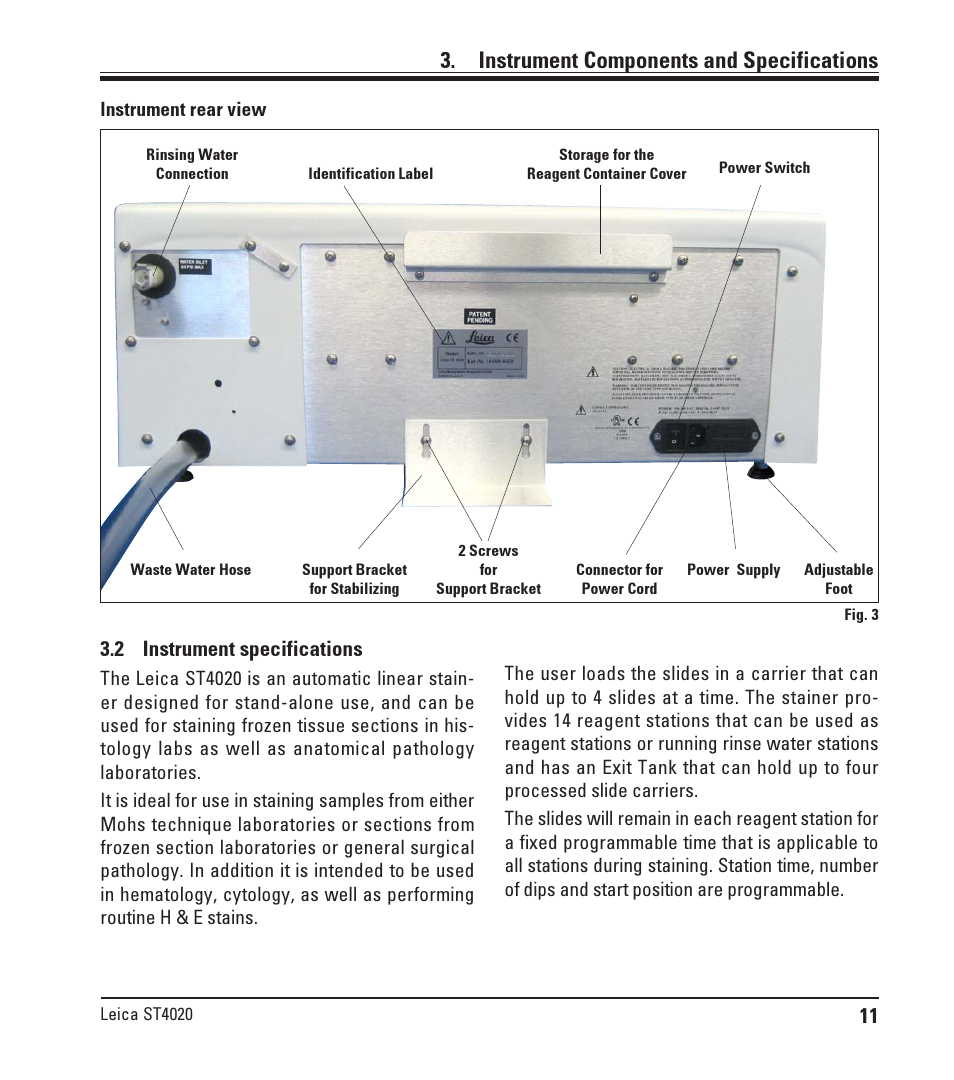 2 instrument specifications, Instrument specifications, Instrument components and specifications | Leica Biosystems ST4020 User Manual | Page 11 / 51