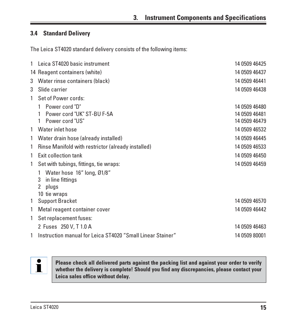 4 standard delivery, Standard delivery, Instrument components and specifications | Leica Biosystems ST4020 User Manual | Page 15 / 51