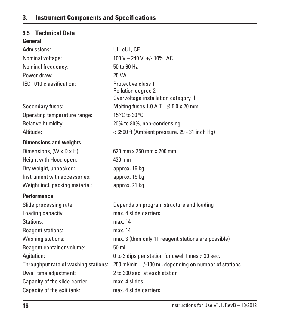 5 technical data, Technical data, Instrument components and specifications | Leica Biosystems ST4020 User Manual | Page 16 / 51