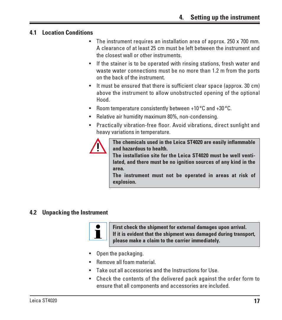 Setting up the instrument, 1 location conditions, 2 unpacking the instrument | Location conditions, Unpacking the instrument | Leica Biosystems ST4020 User Manual | Page 17 / 51