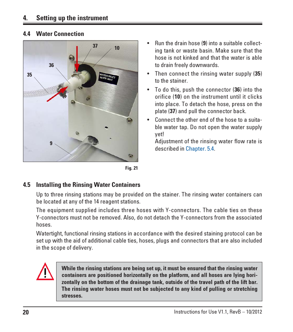 4 water connection, 5 installing the rinsing water containers, Water connection | Installing the rinsing water containers, Setting up the instrument | Leica Biosystems ST4020 User Manual | Page 20 / 51