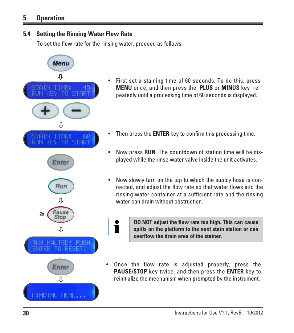 4 setting the rinsing water flow rate, Setting the rinsing water flow rate, Operation | Leica Biosystems ST4020 User Manual | Page 30 / 51